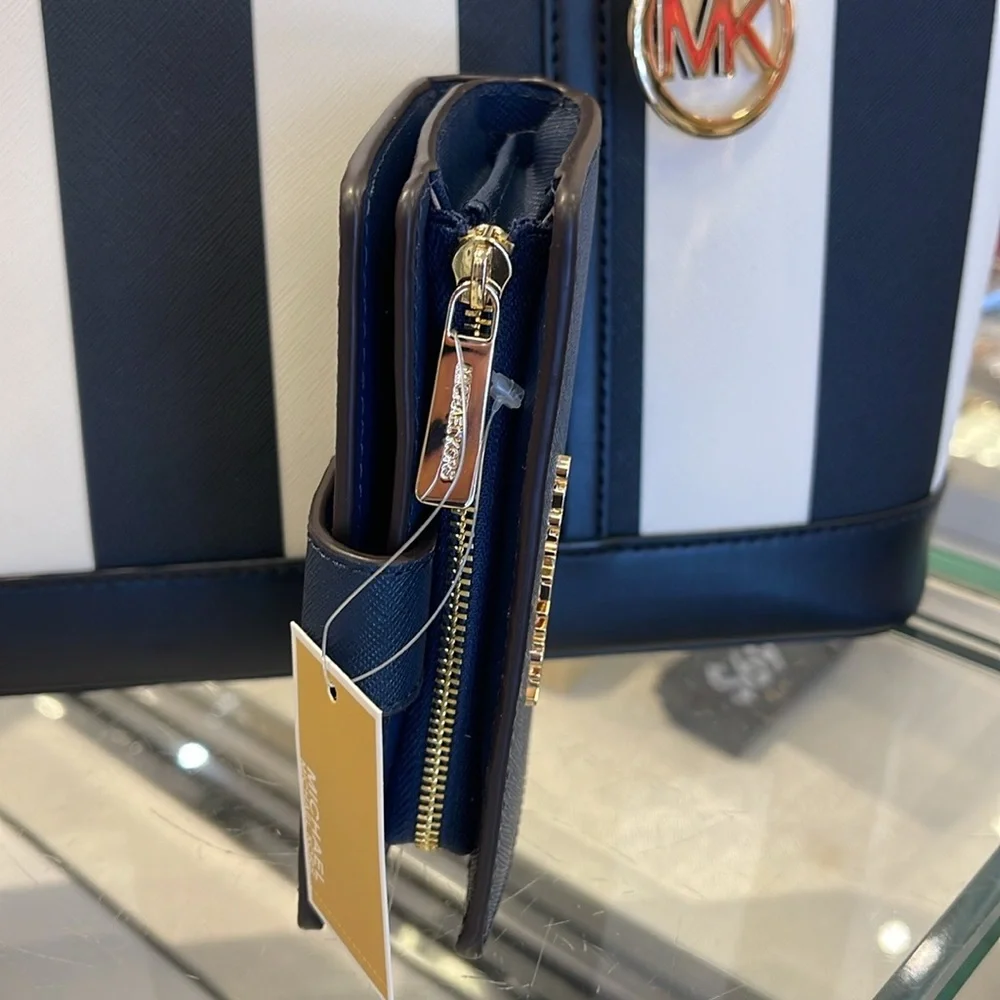 MICHAEL KORS Medium Jet Set Travel Crossgrain Leather Bifold Zip Wallet Navy NWT